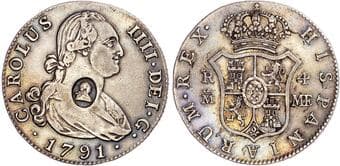 British Coins George III (1760-1820), Emergency Issues (1797-99), Countermarked AR Half-Dollar (4 Reales) of Charles...