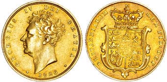 British Coins George IV (1820-1830), AV Sovereign, 1826. Bare head left, Rev. Crowned and garnished square-topped...