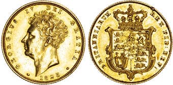 British Coins George IV (1820-1830), AV Sovereign, 1825. Bare head left, Rev. Crowned and garnished square-topped...