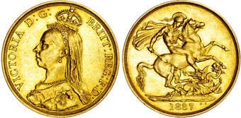 British Coins Victoria (1837-1901), AV Two Pounds, 1887. 'Jubilee' bust left, seven pearls to crown, Rev. St. George...