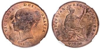British Coins Victoria (1837-1901), AE Penny, 1856 PT DEF:. NGC MS 62 RB Young head left, Rev. Britannia seated,...