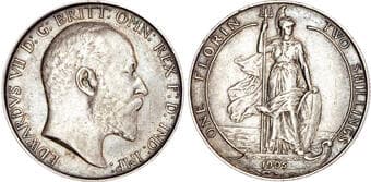 British Coins Edward VII (1901-1910), AR Florin, 1905. Bare head right, Rev. Britannia stood on prow of ship, holding...