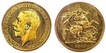 British Coins George V (1910-1936), AV Proof Five Pounds, 1911. PCGS Genuine Repaired-UNC Detail Bare head left, Rev....