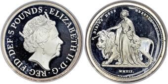 British Coins Elizabeth II (1952-2022), AR Five Pounds, 2019, Great Engravers I: Una and the Lion. NGC PF 66 ULTRA...