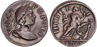 British Coins Ireland/Colonial America, Voce Populi coinage, AE Farthing, 1760. VOCE POPULI, laureate bust right, Rev....