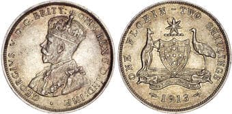 World Coins Australia, George V (1910-1936), silver Florin, 1913 Australia, George V (1910-1936), silver Florin, 1913,...