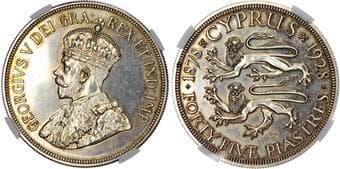 World Coins Cyprus, George V (1910-1936), silver 45 Piastra - PF 62 Cyprus, George V (1910-1936), silver 45 Piastra,...
