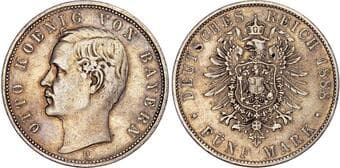 World Coins Germany, Bavaria, Otto (1886-1913), silver 5 Mark, 1888 Germany, Bavaria, Otto (1886-1913), silver 5 Mark,...