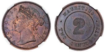 World Coins Mauritius, Victoria (1837-1901), bronze Proof 2 Cents, 1877 - PF 65 BN Mauritius, Victoria (1837-1901),...