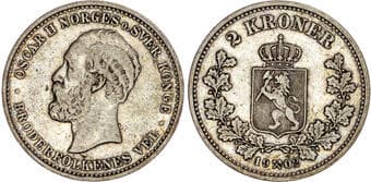 World Coins Norway, Oscar II (1872-1905), silver 2 Kroner, 1902 Norway, Oscar II (1872-1905), silver 2 Kroner, 1902,...
