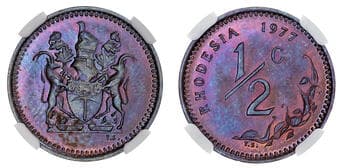 World Coins Rhodesia, Republic (1970-1977), bronze Half Cent, 1977 - MS 66 Rhodesia, Republic (1970-1977), bronze Half...