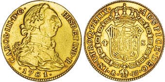 World Coins Spain, Charles III (1759-1788), gold 4 Escudos, 1781 Spain, Charles III (1759-1788), gold 4 Escudos, 1781...