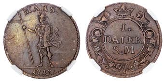 World Coins Sweden, Karl XII (1697-1718), copper Daler, Mars - AU 50 BN Sweden, Karl XII (1697-1718), copper Daler,...