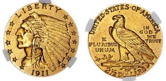 World Coins USA, Indian Head gold 2 ½ Dollar, 1911, strong D variety - AU 55 USA, Indian Head gold 2 ½ Dollar, 1911...