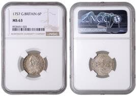 British Milled Coins from Various Properties
George II (1727-1760), Sixpence, 1757 (ESC 1762; S 3711). Prettily toned,...