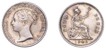 British Milled Coins from Various Properties
Victoria (1837-1901), Britannia Groat, 1842 (ESC 3333; S 3913)....