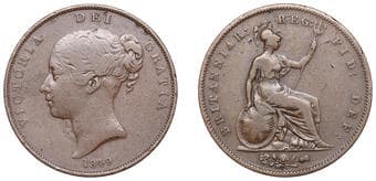British Milled Coins from Various Properties
Victoria (1837-1901), Penny, 1849, ornamental trident (BMC 1497; S 3948)....