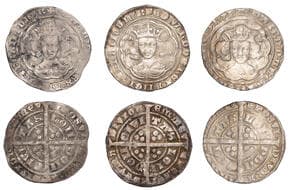 British Coins - Lots
Edward III, Pre-Treaty period, Groats (3), all London, series C, mm. cross 1, 4.46g/6h; series D....