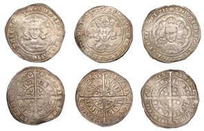 British Coins - Lots
Edward III, Groats (3), Pre-Treaty period (2), series C, London, mm. cross 1, 4.55g/10h; series...