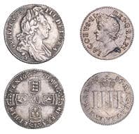 British Coins - Lots
James II, Maundy fourpence, 1687/6 (S 3414); William III, Sixpence, 1696y, York, early harp (S...