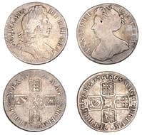 British Coins - Lots
William III, Crown, 1696, third bust, edge octavo (ESC 1004; S 3472); Anne, Crown, 1708, second...