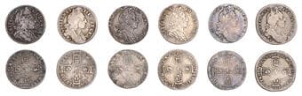 British Coins - Lots
William III, Sixpences (6), 1696, 1696y, 1697 (3), 1697c, (S 3520, 3526, 3533, 3537, 3538, 3542)...