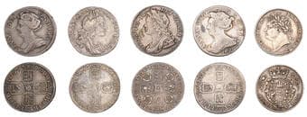 British Coins - Lots
William III, Sixpence, 1697, third bust (ESC 1566; S 3531); Anne, Sixpences (2), 1703 vigo, 1711,...