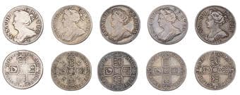 British Coins - Lots
Anne, Shillings (5), 1702 plain, 1702, plumes, 1707e, 1709e*, 1711 (S 3583, 3584, 3612, 3615,...