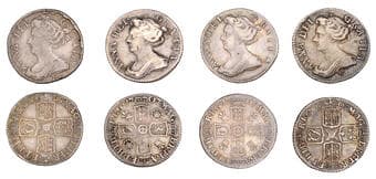 British Coins - Lots
Anne, Sixpences (4), 1705, plumes, 1707, roses and plumes, 1707e, 1708e* (S 3592, 3594, 3620)...