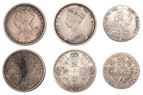 British Coins - Lots
George III, Shilling, 1787, with semée of hearts (ESC 2129; S 3746); Victoria, Florins (2), both...