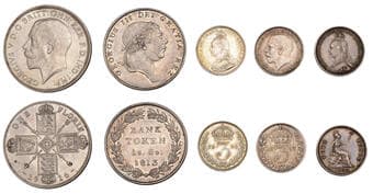 British Coins - Lots
George III, Bank of England, Eighteen Pence, 1813 (S 3772); Victoria, Groat, 1888, Threepence,...