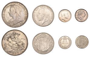 British Coins - Lots
George III, Sixpence, 1816 (ESC 2191; S 3791); Victoria, Crown, 1897, edge lxi (ESC 2602; S...