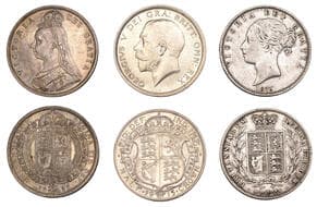 British Coins - Lots
Victoria, Halfcrowns (2), 1875, 1887 (ESC 2746, 2771; S 3889, 3924); George V, Halfcrown, 1915...