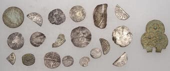 British Coins - Lots
Miscellaneous hammered (17) and milled (1) coins, John to Charles II, including cut halves and...