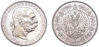 World Coins from Various Properties
Austria, Franz Joseph I, 5 Corona, 1900, Vienna (KM 2807). Obverse very lightly...