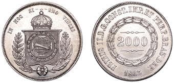 World Coins from Various Properties
Brazil, Pedro II, 2000 Réis, 1863, Rio de Janeiro (KM 466). Lustrous, good...