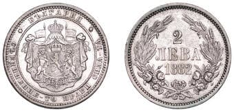 World Coins from Various Properties
Bulgaria, Alexander I, 2 Leva, 1882, St. Petersburg (KM 5). Good very fine,...