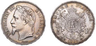 World Coins from Various Properties
France, Napoleon III, 5 Francs, 1868bb, Strasbourg (Gad. 739; KM 799.2). Toned,...