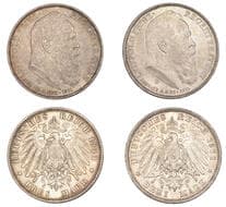 World Coins from Various Properties
Germany, Bavaria, Luitpold, 3 Mark (2), both 1911d, 90th Birthday of Prince...