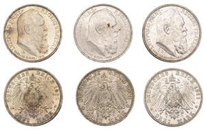World Coins from Various Properties
Germany, Bavaria, Luitpold, 3 Mark (3), all 1911d, 90th Birthday of Prince...