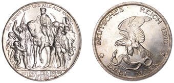 World Coins from Various Properties
Germany, Prussia, Wilhelm II, Proof 3 Mark, 1913a, Defeat of Napoleon, Berlin (J...