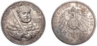 World Coins from Various Properties
Germany, Saxe-Weimar-Eisenach, Wilhelm Ernst, 5 Mark, 1908, 350th Anniversary of...