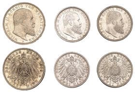World Coins from Various Properties
Germany, Württemberg, Wilhelm II, 3 Mark, 1909f, 2 Mark (2), 1899f, 1912f, all...