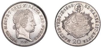 World Coins from Various Properties
Hungary, War of Independence, 20 Krajczar, 1848kb, Kremnica (ÉH 1428; Husźar...
