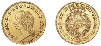 World Coins from Various Properties
Italy, Sardinia, Carlo Emanuele III, Half-Doppia, 1756, Turin (Fr. 1106; KM 50)....