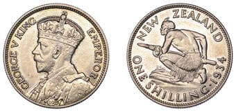 World Coins from Various Properties
New Zealand, George V, Shilling, 1934 (KM 3). Prettily toned and lustrous, mint...