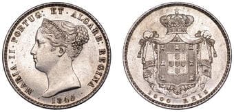 World Coins from Various Properties
Portugal, Maria II, 1000 Reis, 1845, Lisbon (Gomes 40.05; KM 472). Cleaned,...