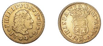 World Coins from Various Properties
Spain, Philip V, Half-Escudo, 1744m ja, type 2, Madrid (Cal. 574; KM 361.1). Very...