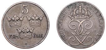 World Coins from Various Properties
Sweden, Gustaf V, 5 Öre, 1910, Kungsholmen (KM 779.2). Very fine, rare ...