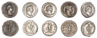 Roman Coins from Various Properties
Septimius Severus (193-211), Denarius, 197-200, laureate head right, rev. Annona,...